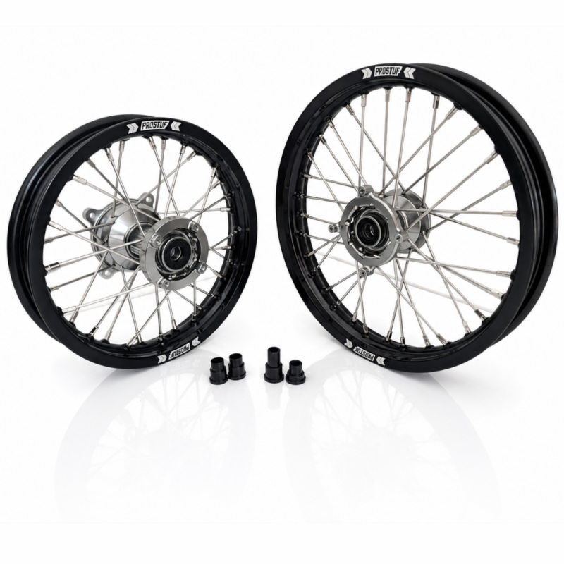 Paire de roues MX PROSTUF 65cc - KTM / GASGAS / HVA - 25-26 - Grandes roues 17/14 - Moyeux Titane / Jante noires